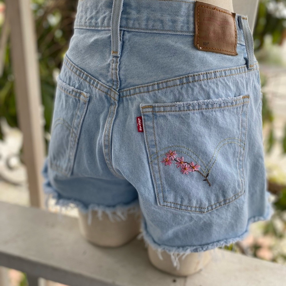 Levi's Light Blue Denim Shorts with Pink Floral Embroidery